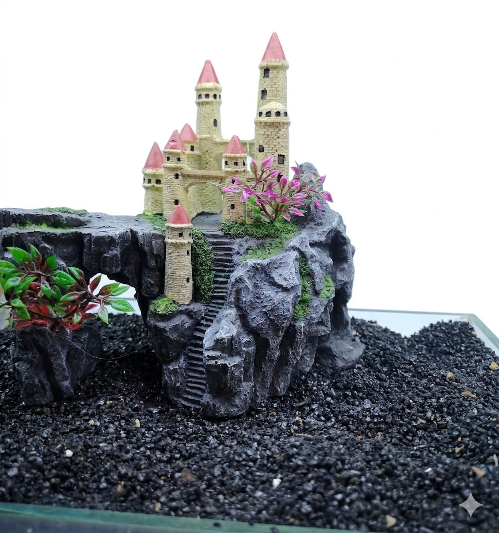 Castle on Mountain Aquarium Ornament – Fish Tank Decor with Plants