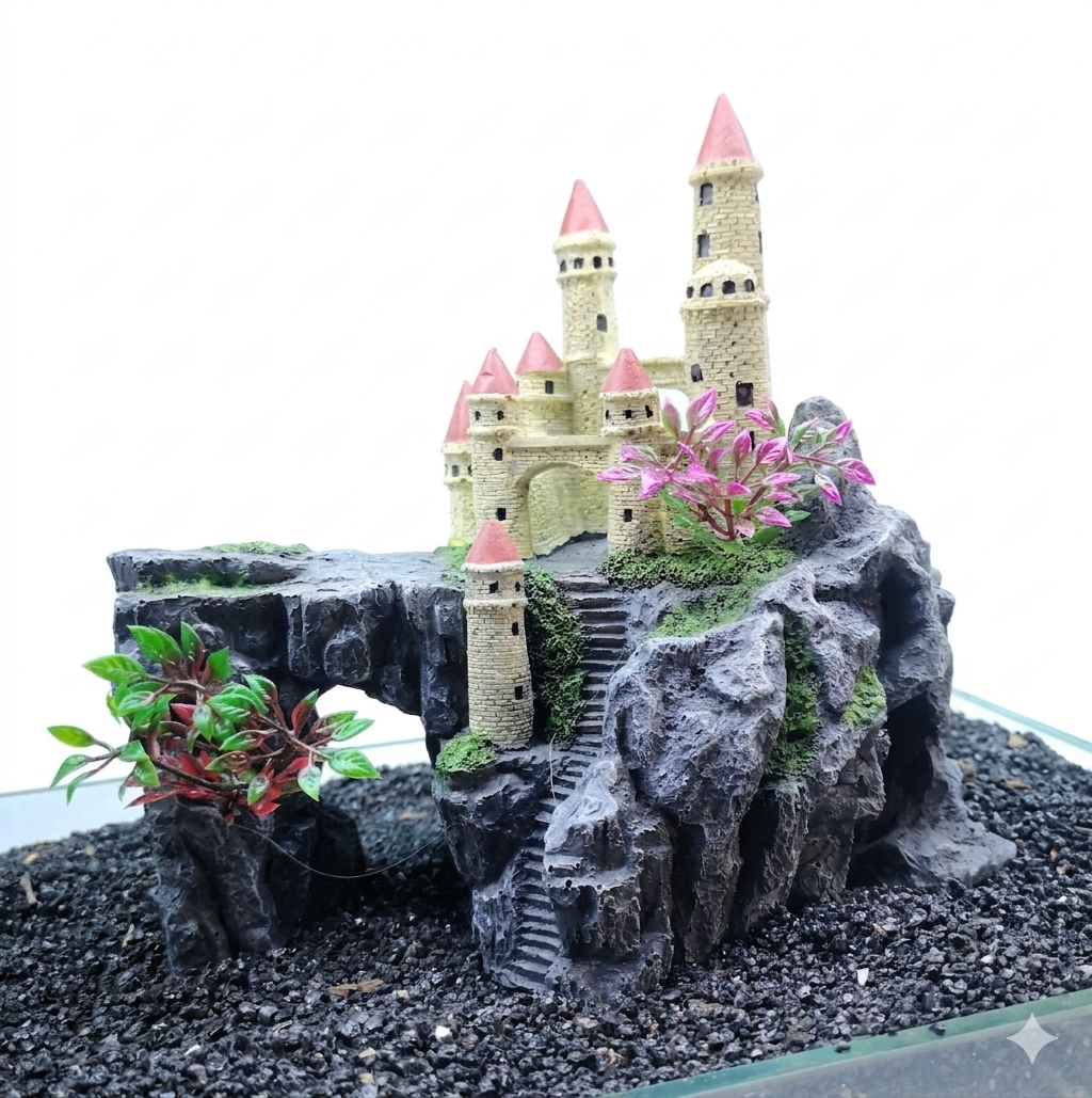 Castle on Mountain Aquarium Ornament – Fish Tank Decor with Plants