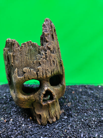 Wood Effect Skull Aquarium Ornament Fish Tank Cave Hide Resin Decor 14cm
